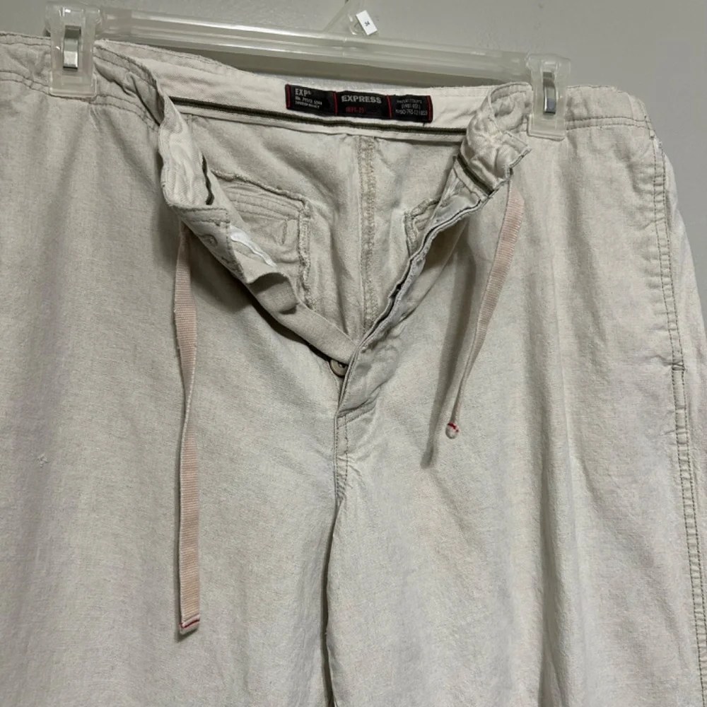 Express Mens Pants 36X30 Beige Tan Khaki Linen Blend Button Fly Lagenlook Casual